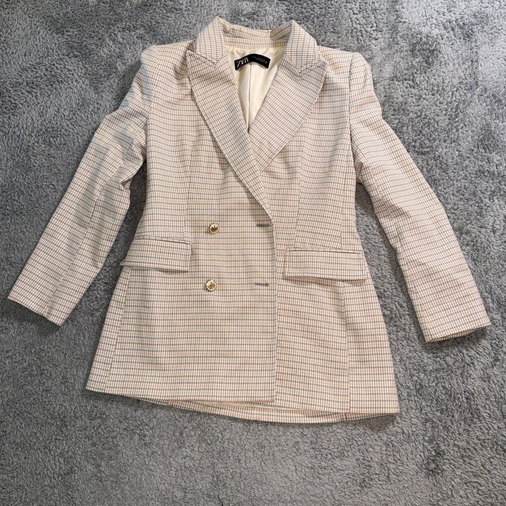 Zara Blazer Womens Medium Beige Plaid Double Breasted Crest Buttons Jacket